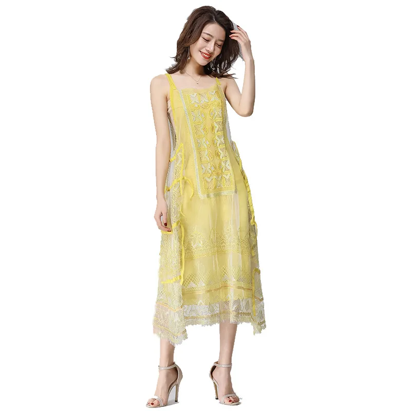 

2020al honeymoon resort ins full embroidery lace Ribbon Dress beach skirt elegant fairy u main trend