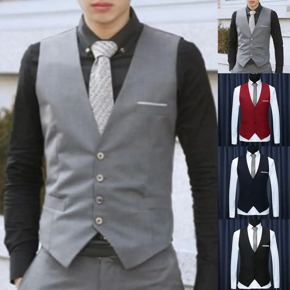 

Fashion Office Men Solid Color V Neck Sleeveless Button Waistcoat Slim Fit Vest