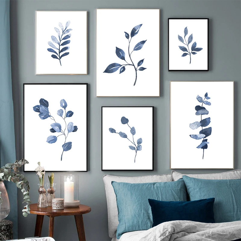 

Branches and Leaves Canvas Painting Indigo Blue Botanical Posters and Prints Navy Blue Wall Picturefor Living Room Home Decor