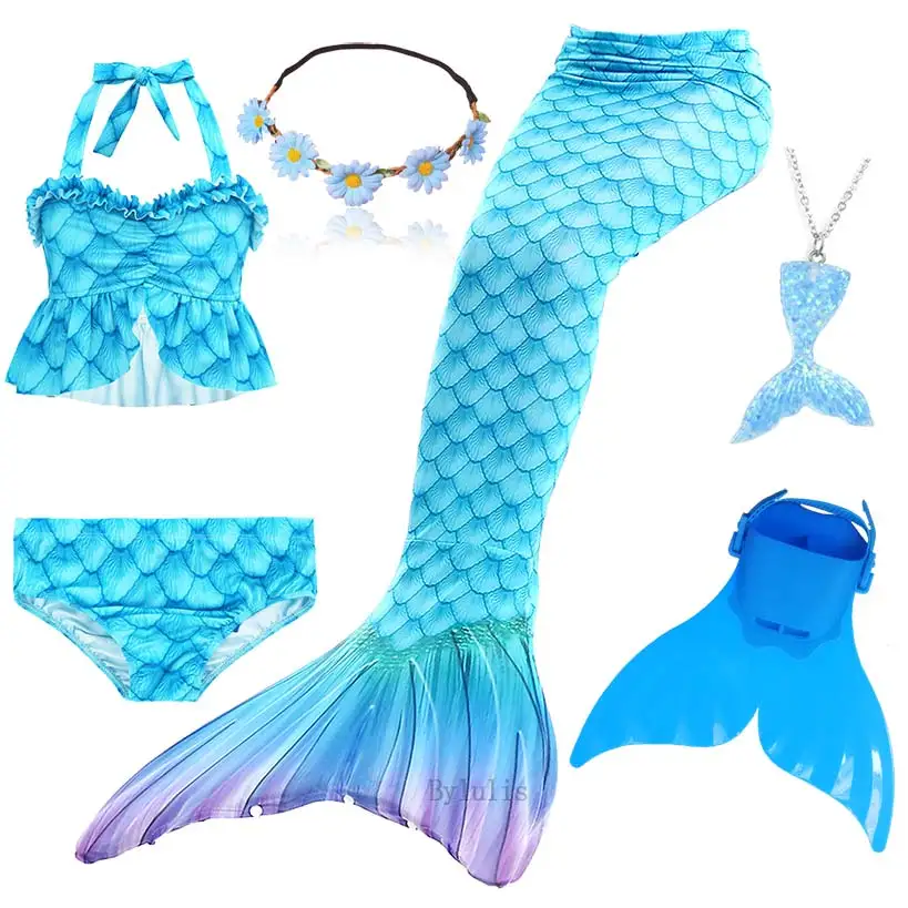 

2020 Kids Mermaid Tail for Girls Fancy Party Clothes Swimming Mermaid Swimsuit Can Add Necklace Goggles Monofin