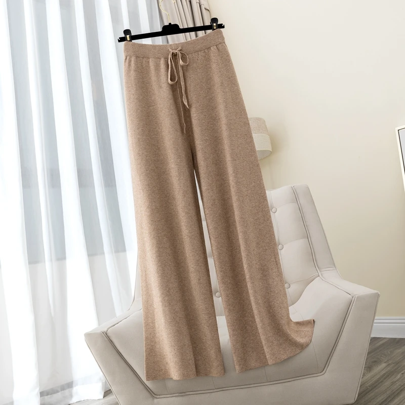 

Autumn Winter Thick Warm Women Wide Leg Pants Drawsring Full Length Moping Shaking Pant High Waist Casual Knit Trousers