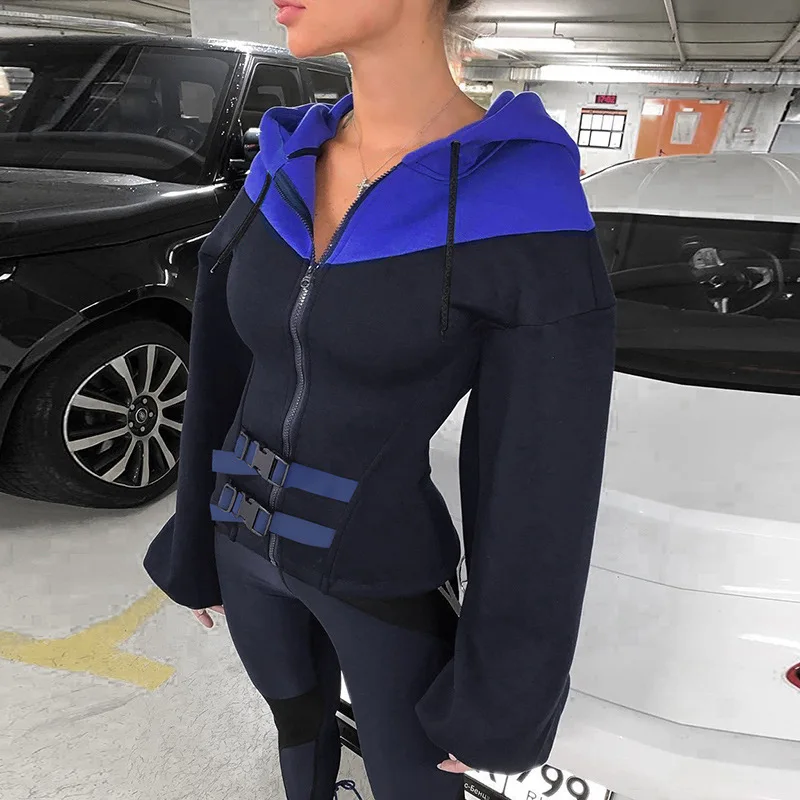 Женская толстовка с капюшоном и сумочкой осенняя на молнии в европейском