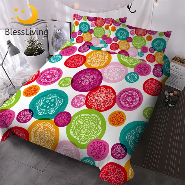 BlessLiving Mandala Flower Bedding Set Bohemian Quilt Cover Boho Pink Red Retro Bedclothes 3pcs Colorful Floral Bed Cover Set 1