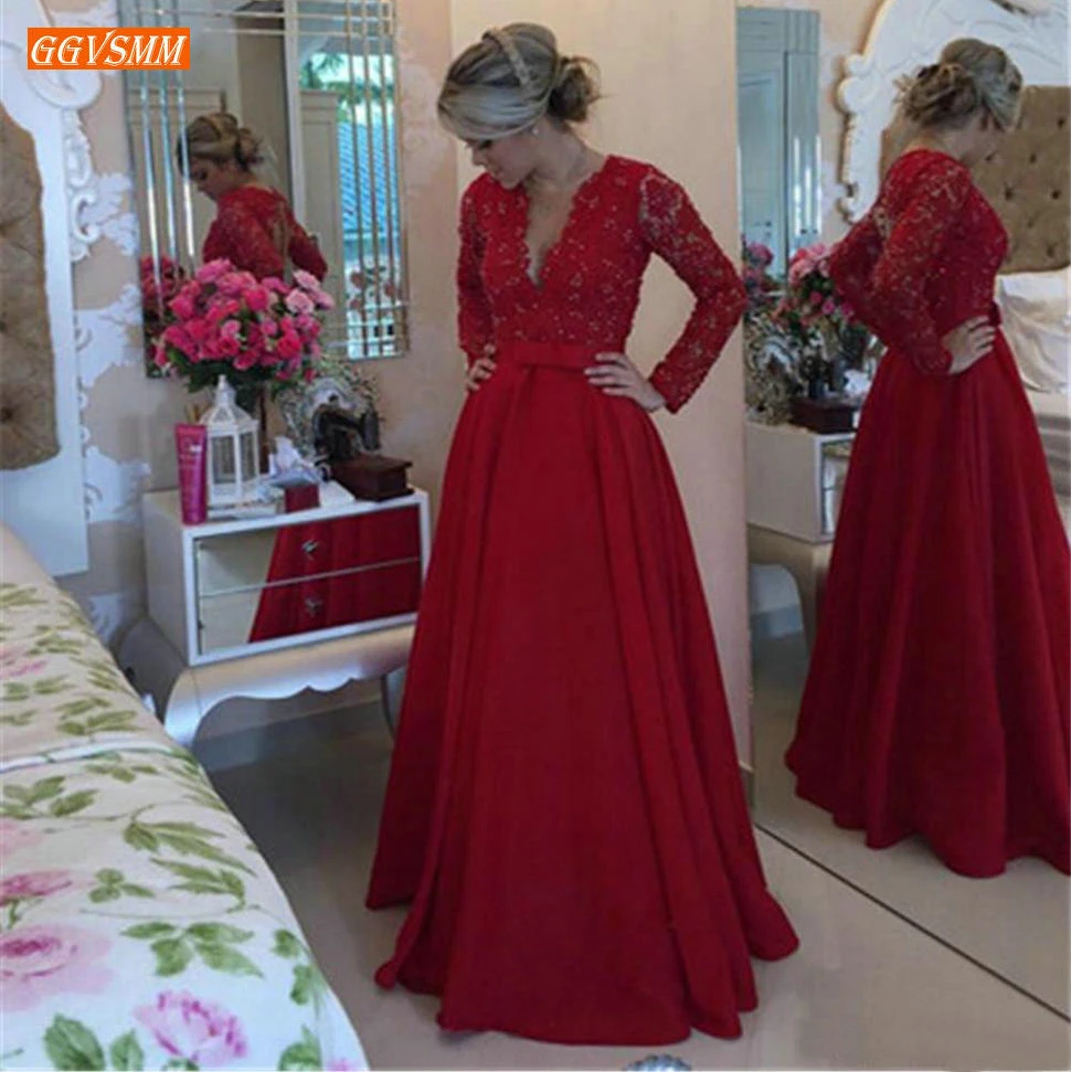 Платье женское кружевное атласное ТРАПЕЦИЕВИДНОЕ с длинным рукавом и V образным