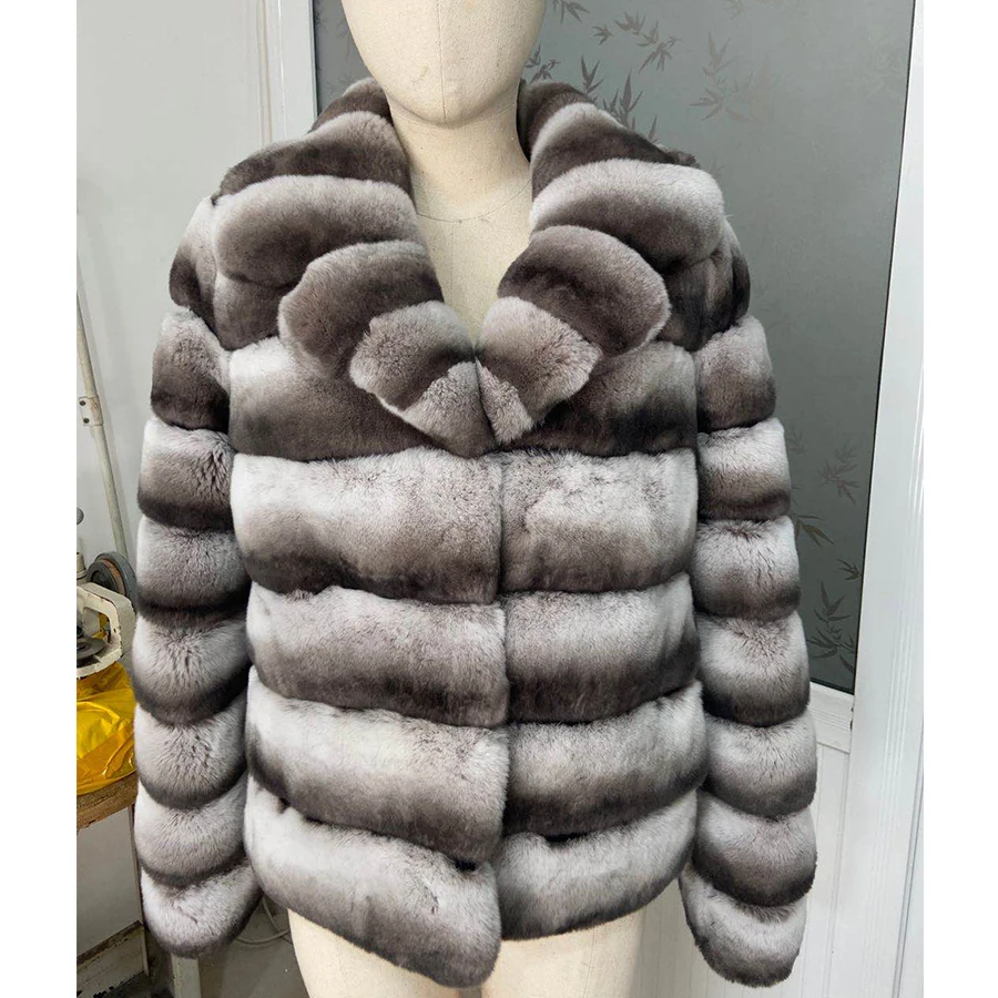 

Winter Coat Women New Fashion Rex Rabbit Fur Coat Full Sleeves Chinchilla Color High Quality 100% Genuine Rex Rabbit Fur
