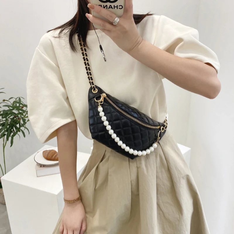 

Fashion Lingge Design Ladies Crossbody Bags 2021 New Pearl Chain Ladies Chest Packs Luxury Women's Shoulder Bag Waist Bags Purse