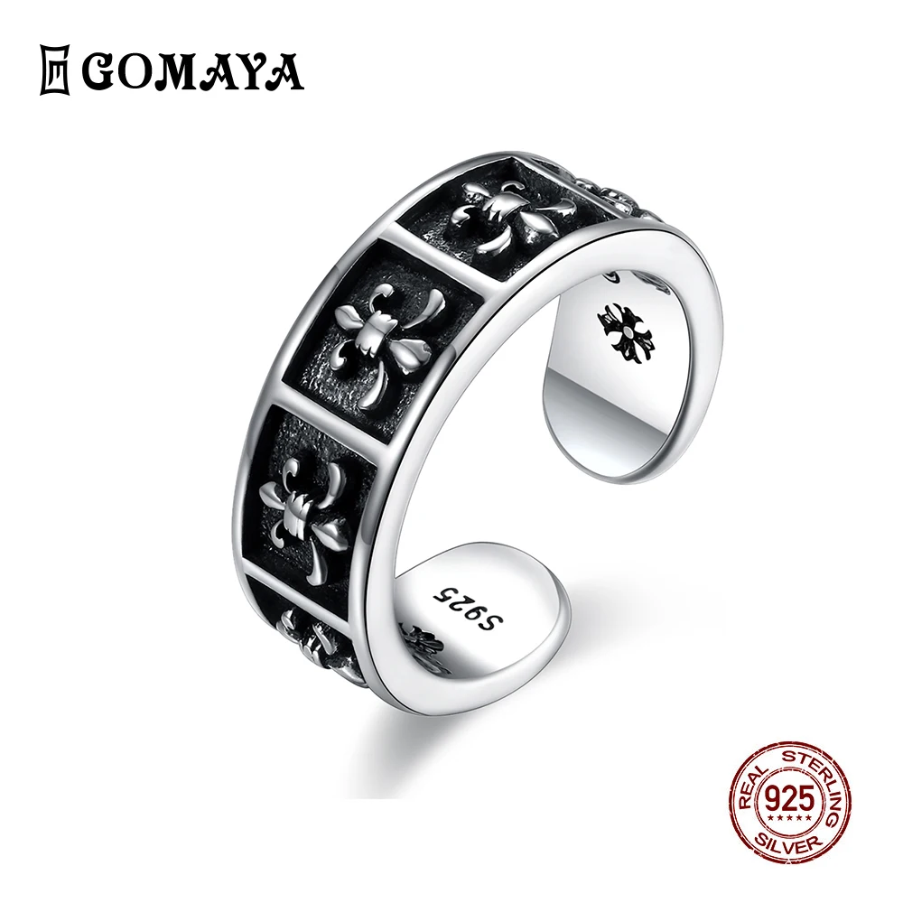 GOMAYA, 925 пробы, серебряное кольцо, резной узор, цветок, повседневное, рок, панк, хорошее ювелирное изделие, регулируемые, унисекс, кольца на палец, подарок