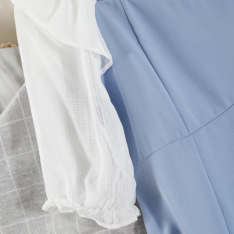 

Aibeautyer New Summer Casual Solid Short Dress A Line Square Collar Puff Sleeve Sweet High Waist Mid-Calf Women Dresses