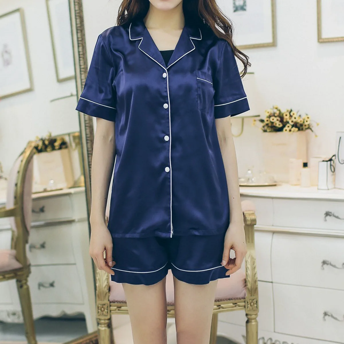 2Pcs Satin Sleepwear Silk Pajamas Set Top And Shorts Women Pajama Short Sleeve Home Suit Casual