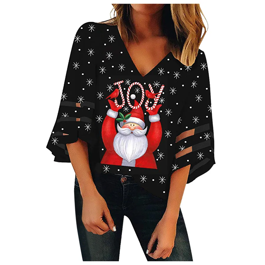 

Blouse Women Shirt Women Tops Блузка Женская Christmas New Black Red V-neck Mesh Top Trumpet Sleeves Loose Blouse Free Ship