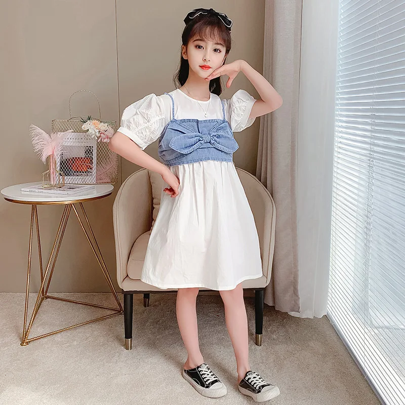 Летнее платье для девочек 2021 модный новый стиль джинсовые жилеты с бантом