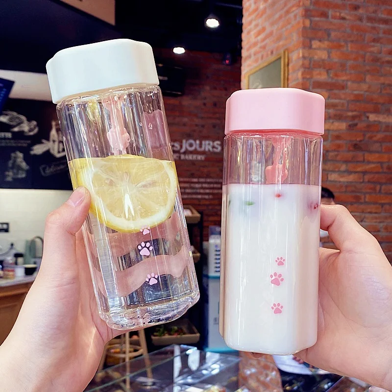 

New Lovely Cat Paw Water Bottle Creative Cute Transparent Plastic Milk Drinking Cup BPA Free Portable Anti Fall Cups With Handle