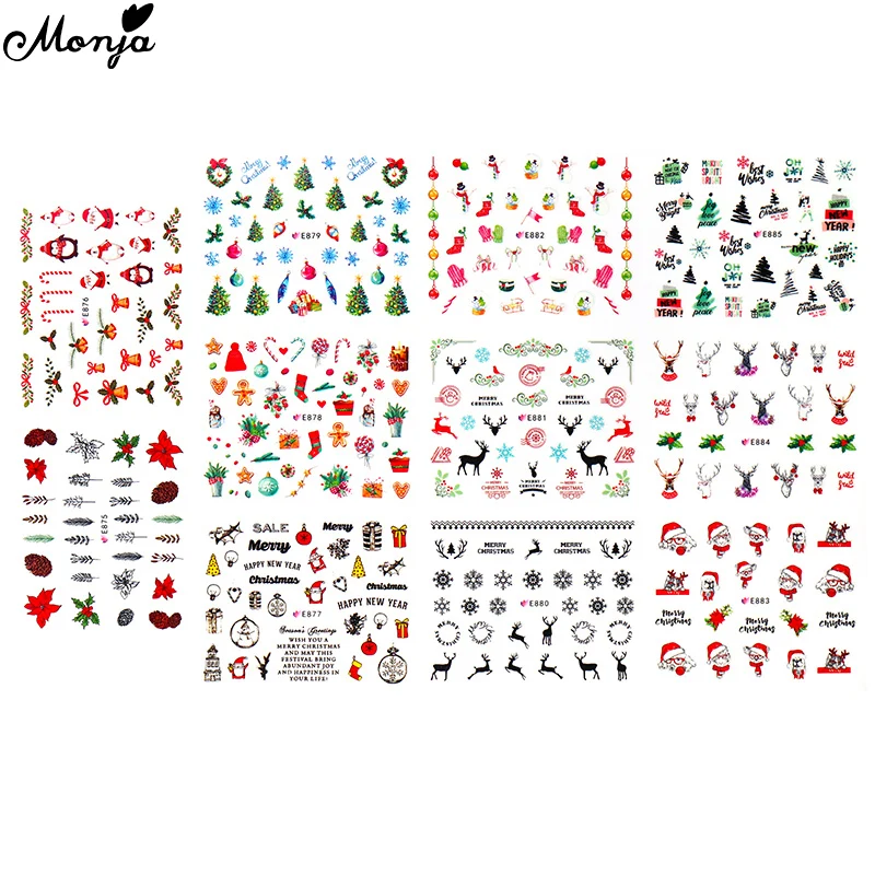 Monja 11 стилей/лист дизайн ногтей Рождественская наклейка Снеговик Лось подарок