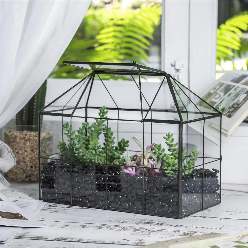 NCYP Glass Geometric Terrarium Tin-Sealed Brass Black House Shape Container with Grid and Swing Lid for Moss Succulents Cacti