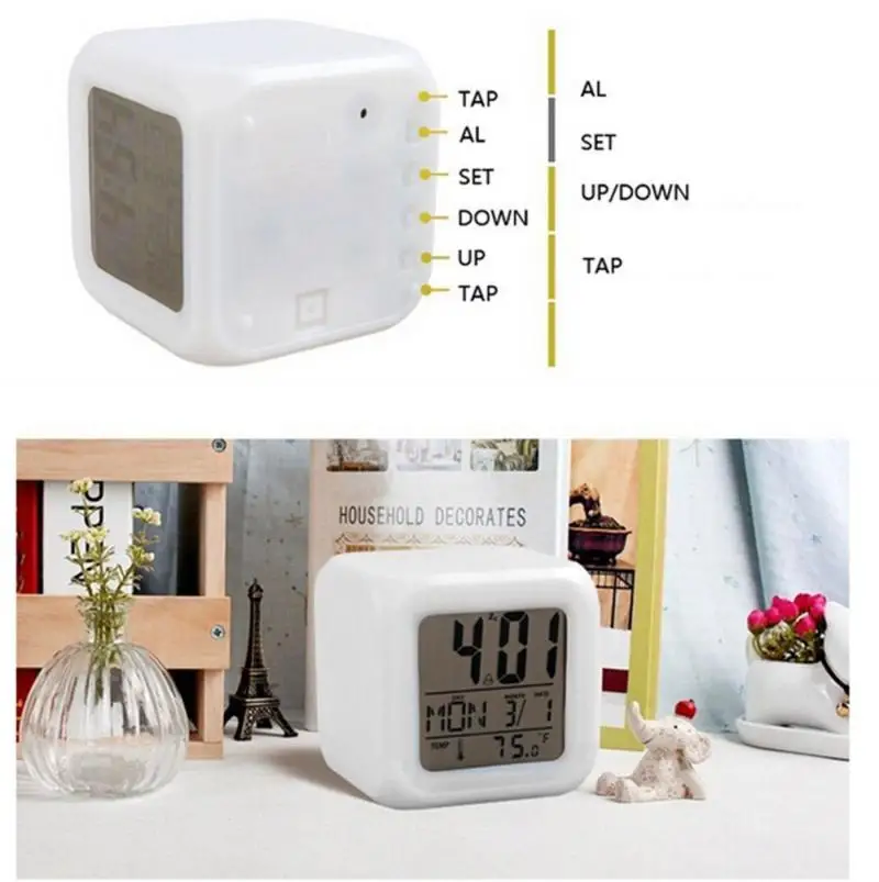 Cube Led Clock LED Alarm 7 Colors Changing Digital Desk Gadget Thermometer Night Glowing Watch For Gifts Home Decor Clocks | Дом и сад