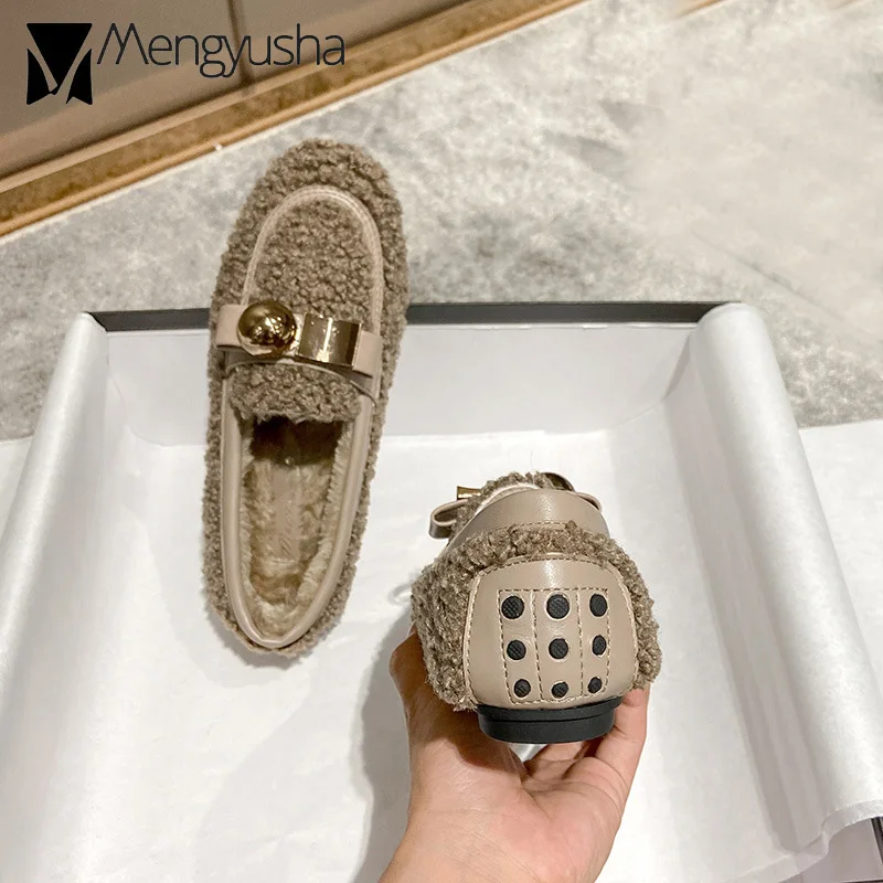 Женские кожаные плюшевые мокасины на плоской подошве с круглым и квадратным