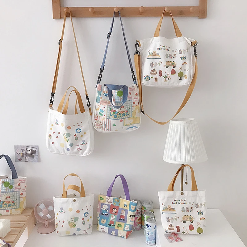 

Cute Cartoon Canvas Single Shoulder Bag For Women Portable Travel Tote Messenger Bag Large Capacity Shopping Handbag Girl Sac