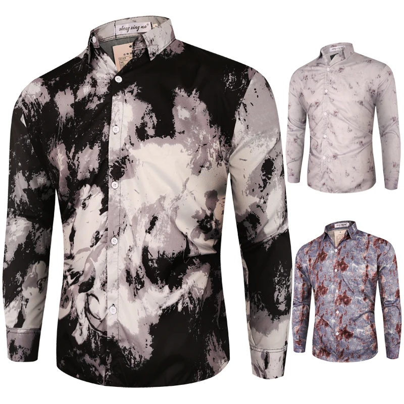 

Европейская торговая одежда, свободные мужские рубашки с длинными рукавами и брызгами чернил, мужские повседневные рубашки