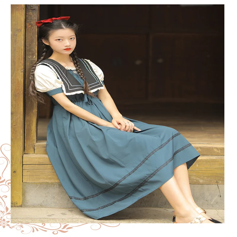 

College Style Short Sleeve Dress Vintage Lolita Girl Princess Women 50S 60S Vintage Elegant Midi Dress