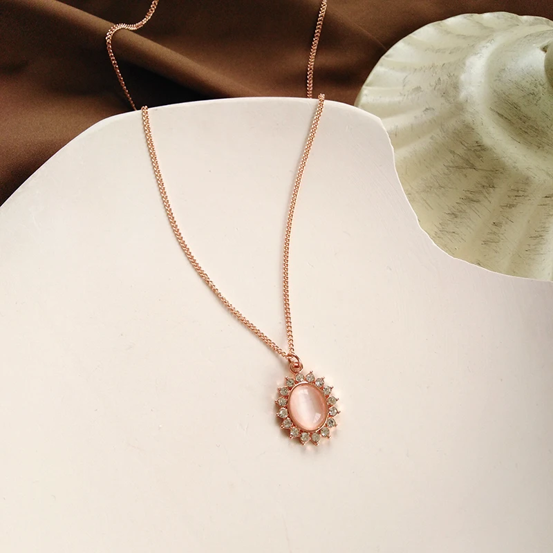 

Fashion Jewelry Thin Chain Necklace Sweet Design High Quality Crystal Pink Opal Pendant Necklace For Women Jewelry Gifts