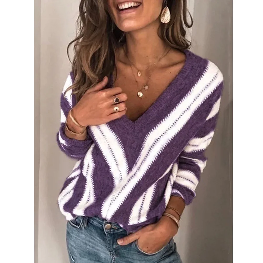 Wipalo Plus Size 5XL 2019 Autumn Winter Women Sweater V Neck Long Sleeve Striped Pullover Korean Style Minimalist Casual | Женская