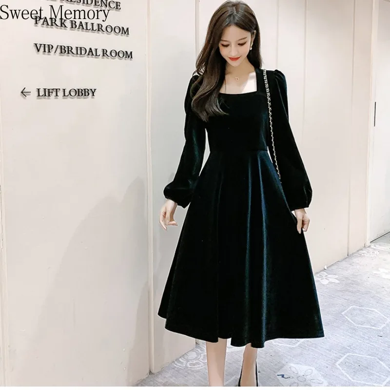 

Sweet Memory 2021 Women Black Plus Size Long Sleeve Velour Velvet Cocktail Dresses