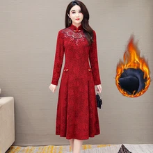 Robe de soirée en velours doré pour femmes, rétro, doublure, Plus polaire, Cheongsam, élégante, Perspective, Sexy, taille fine, Vintage  (4)