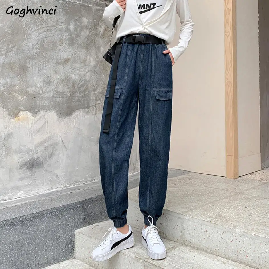 

Jeans Women Bundle Elastic Waist Cargo Denim Trousers Leisure Baggy Teens Unisex Chic Ulzzang All-match Harajuku Streetwear New