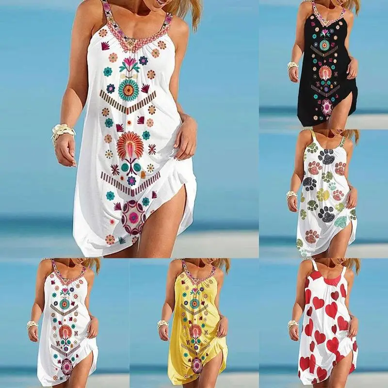 

2021 Women's Summer Sundresses Sleeveless Sexy Woman dress Beachwear Beach Strap Loose Short Boho Dress Sundress Print Casu N4E7
