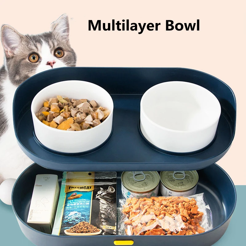 

Cat Bowl Dog Bowl Water Food Double Bowls with Storage 2 In 1 Cat Multilayer Bowl for Dring Feeding Neck Protection Feeder