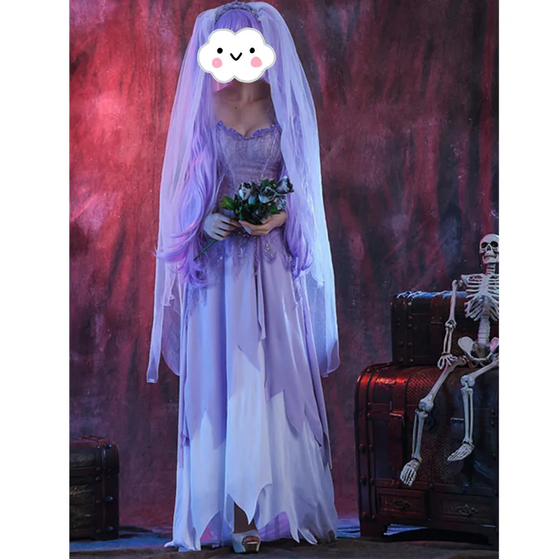 

Deluxe Woman's Lace Purple Long Dress Halloween Cosplay Ghost Bride Costumes Spirit Festival Disfraces Bride Costume