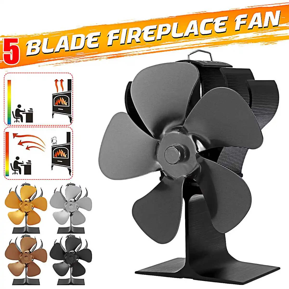 

5 Blade Black Fireplace Heat Powered Stove Fan Log Wood Burner Eco Friendly Quiet Fan Winter Home Efficient Heat Distribution