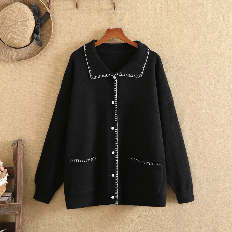 

Plus Size Coat For Women Autumn Winter Sweater Coat Long Sleeve Lapel Looser Contrasting Color Stroke Large Size Sweater Fatlady