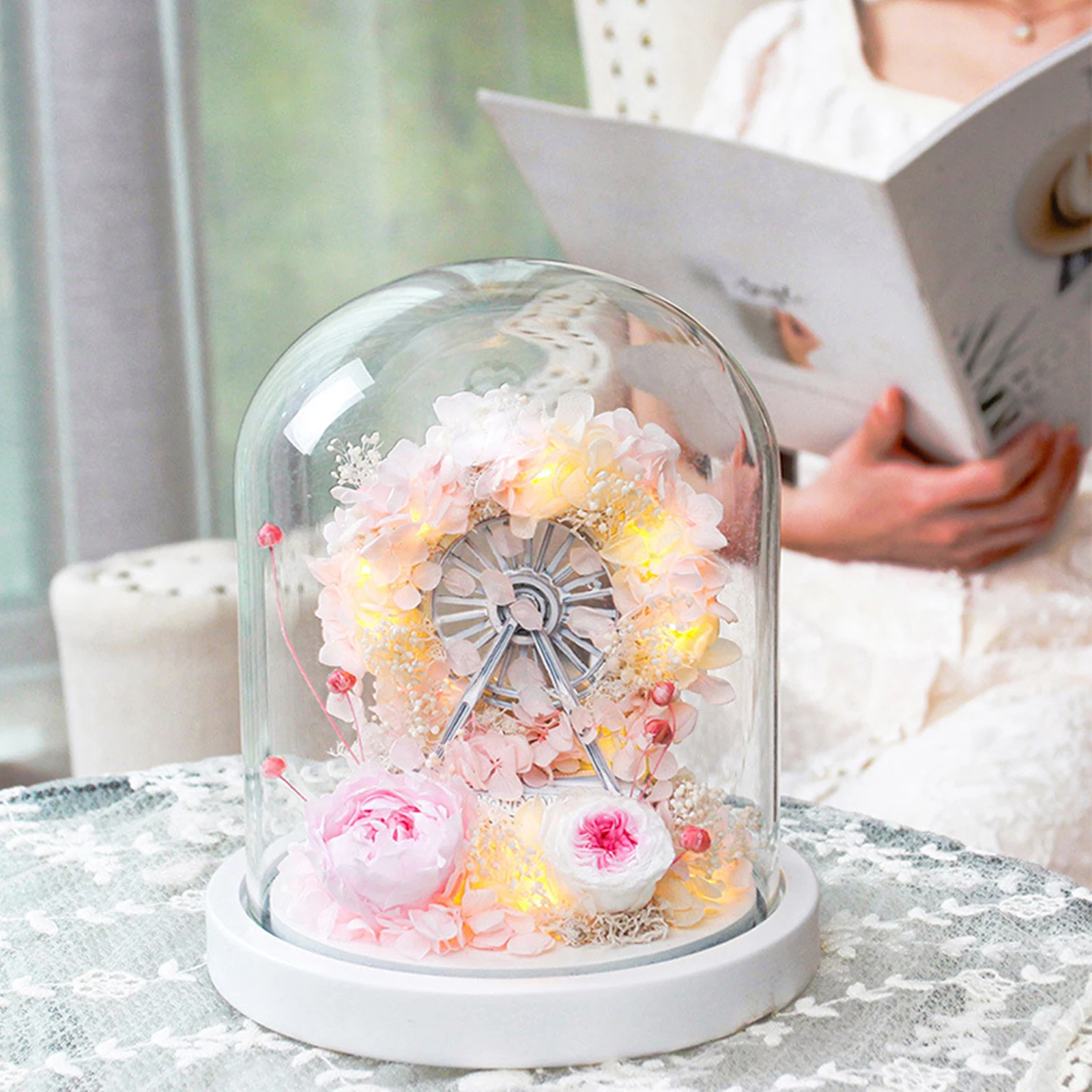 

Handmade Eternal Flower Box Led Ferris Wheel w/ Glass Dome Gift Style 1
