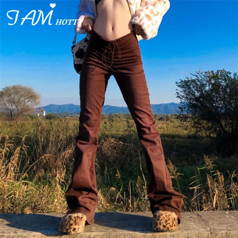 

IAMHOTTY Lace Up Low Waist Flare Pants Women Vintage Skinny Denim Trouser Chic Korean Fashion Streetwear Casual Jeans Grunge 90s