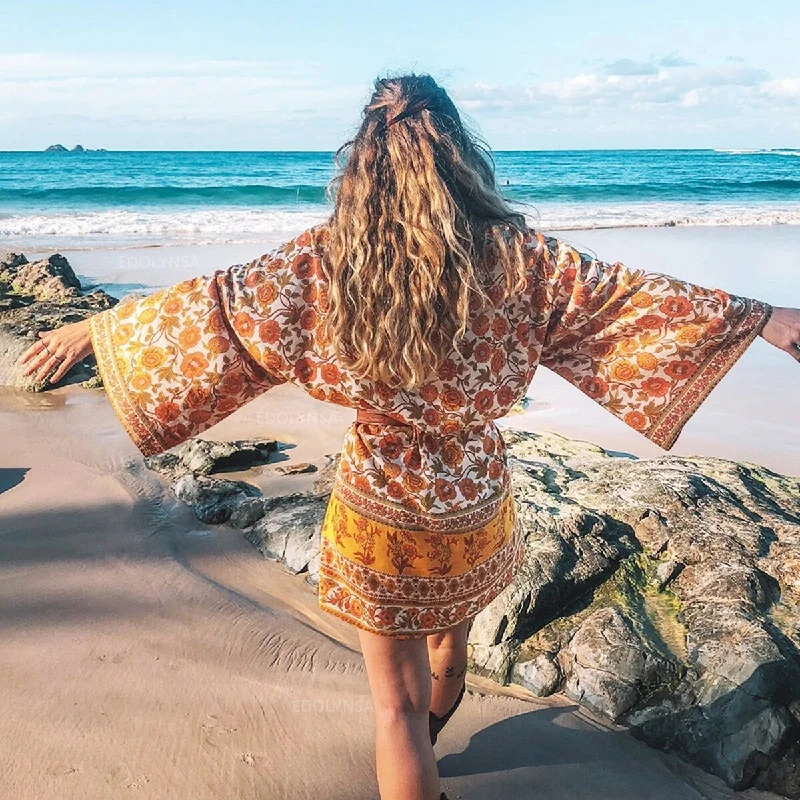 

2021 Orange Cotton Tunic Long Kimono Bohemian Printed Self Belted Dress For Women Summer Home Wear Fashion Blouse Shirt A560