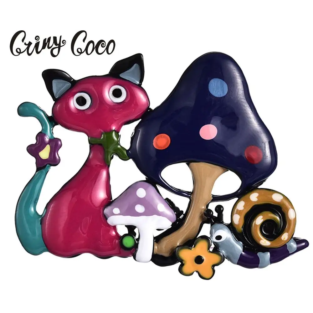 Женская Брошь в виде кошки и гриба с красной эмалью|Броши| |