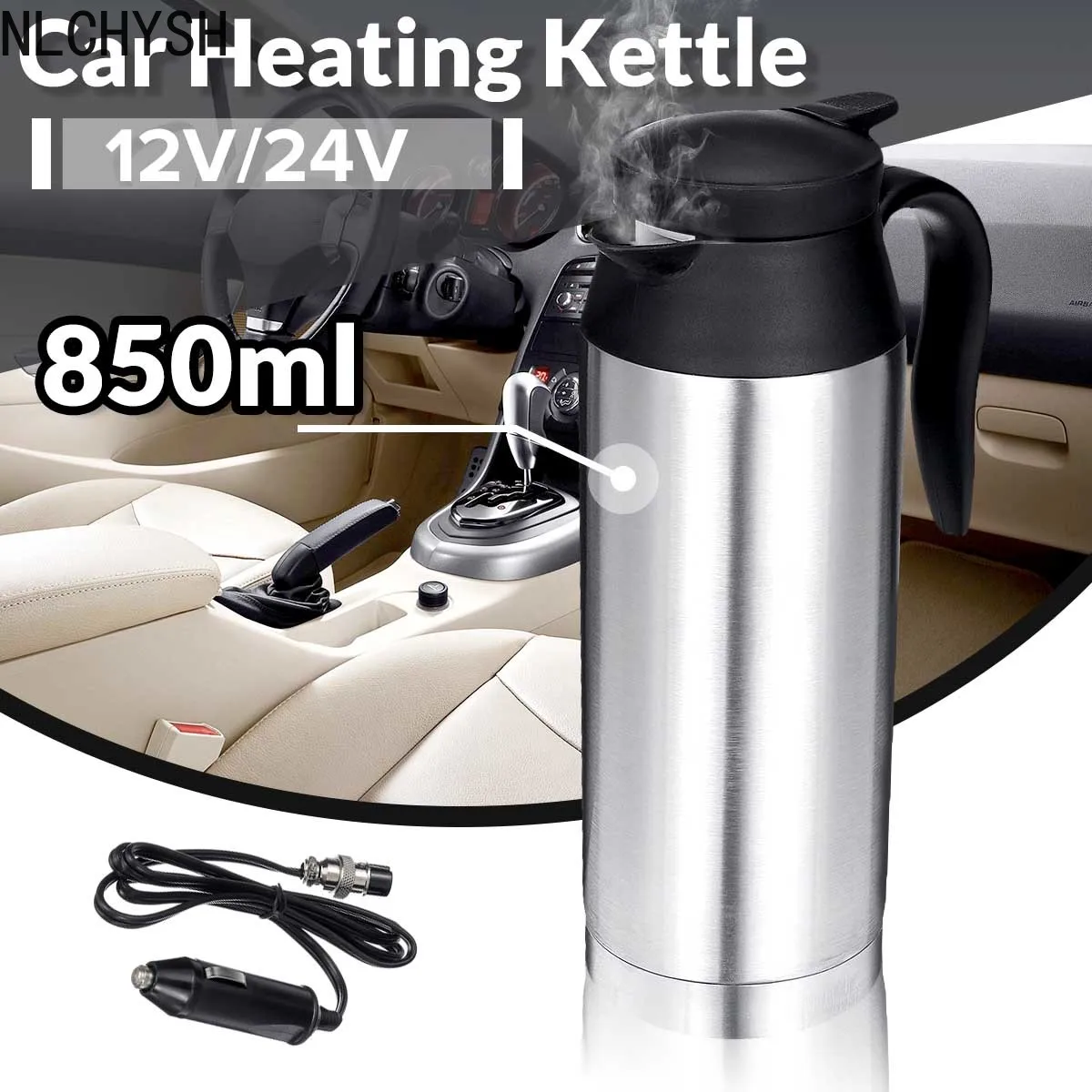 

Stainless Steel Electric Kettle 12V /24V 800ml In-Car Travel Trip Coffee Tea Heated Mug Motor Hot Water Boiling for Car Truck
