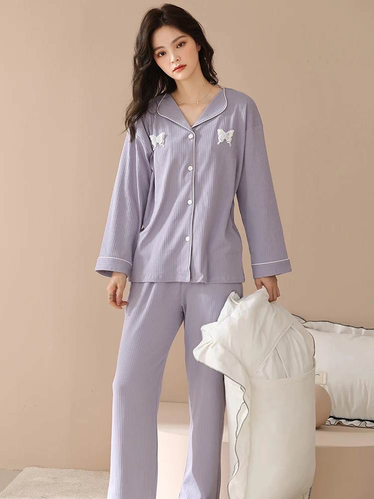 Spring Women Pajamas Sleepwear 2 Pcs Pure Cotton Butterfly Decoration Bowknot Turn-down Collar New Purple Nighty For Girls Pants