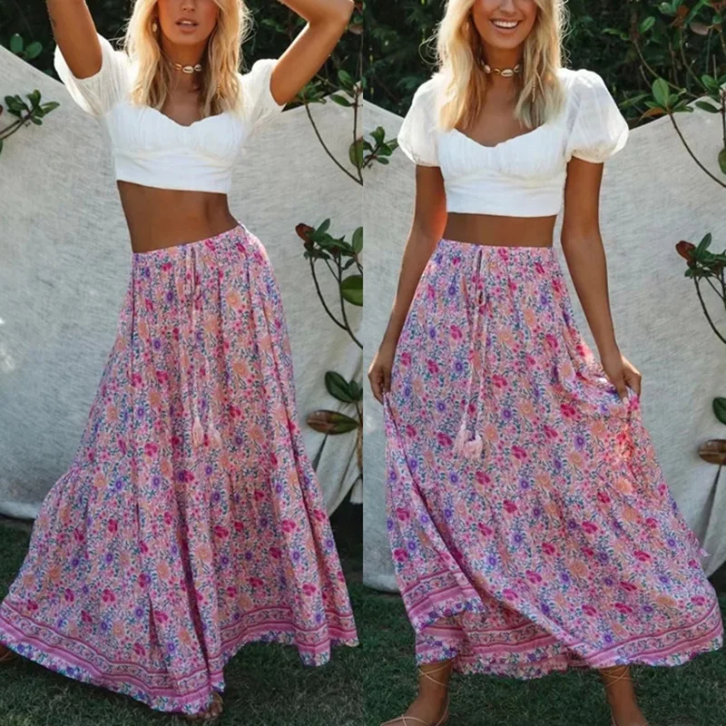 

Юбка ZEBEEN Женская хлопковая с цветочным принтом, модная повседневная Пляжная Праздничная юбка-трапеция в богемном стиле ретро, на шнуровке, ...