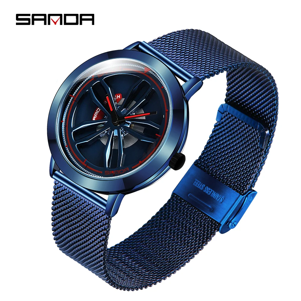 

Sanda Special Wheel Model Rotating Dial Quartz Wristwatch Quality Hook Buckle Steel Mesh Belt Fashion Business Men Watch 1009