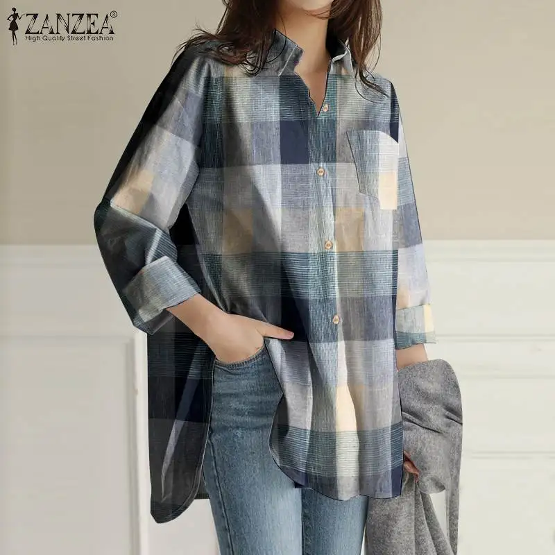 

Casual Lapel Long Sleeve Tunic Plus Size 5XL ZANZEA Plaid Check Tops Womens Lapel Loose Blusa Fashion Autumn Asymmetrical Shirts