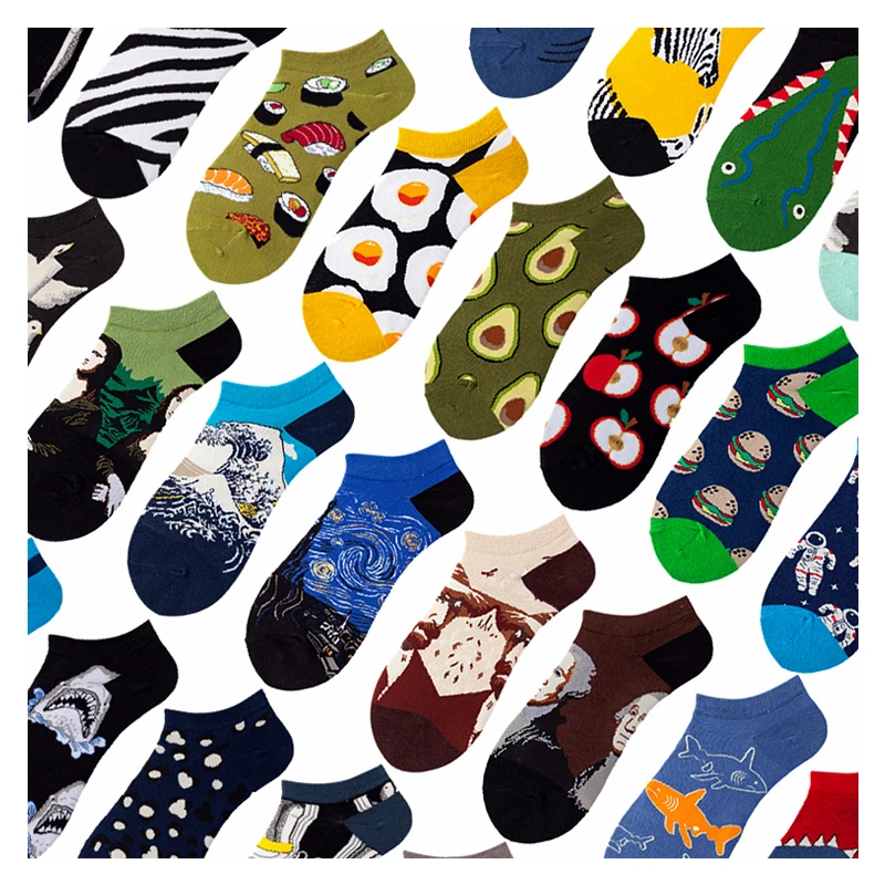 Fruit Animal Funny Cotton Happy Invisible Summer Boat No Show Socks Women Men Short Low Cute Slippers Silicone Socks 5 Pairs/Lot