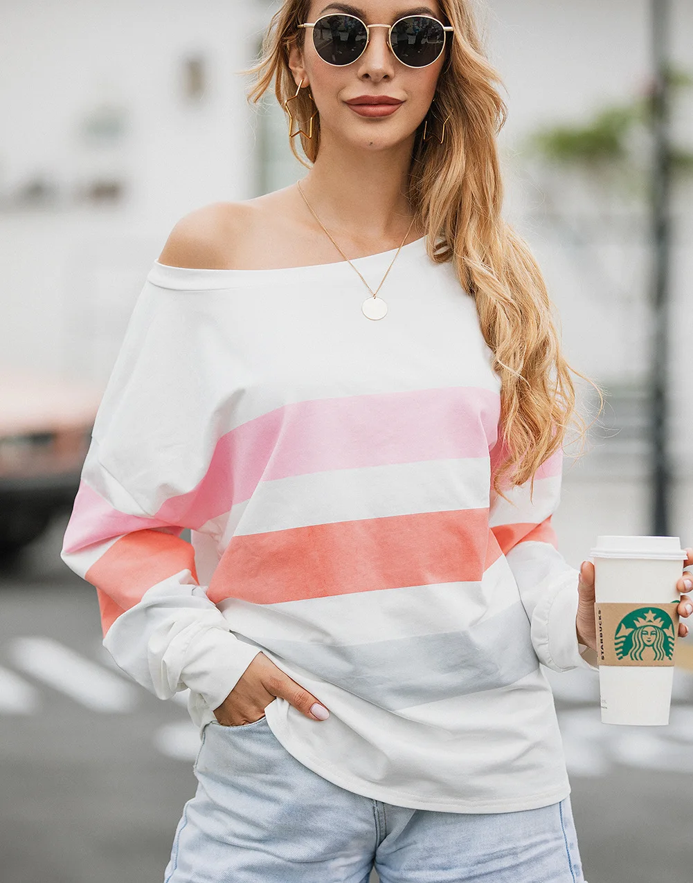 

Sexy Oblique Collar Candy Color Striped Print Women Hoodies 2021 Autumn Winter Office Lady Elegant Off Shoulder Loose Casual Top