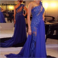 royal blue evening dresses 2022 floor length chiffon see through one shoulder appliqued lace a line party gown plus size