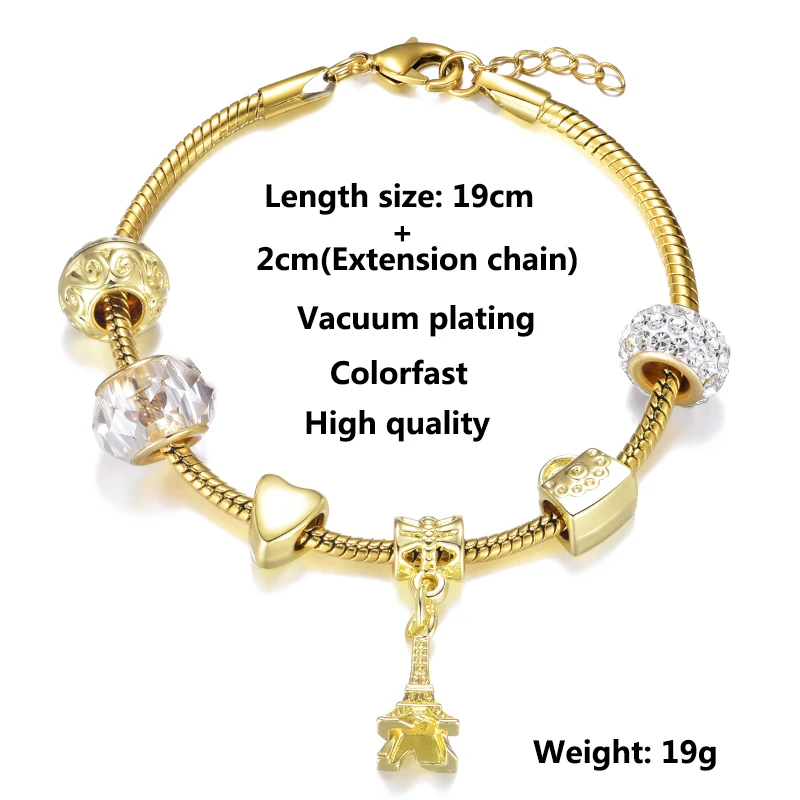 

Fashion Golden Heart beads Love Tower Pendant Charms Bracelet For Women High Quality Brand Bracelet Jewelry Gifts Dropshipping