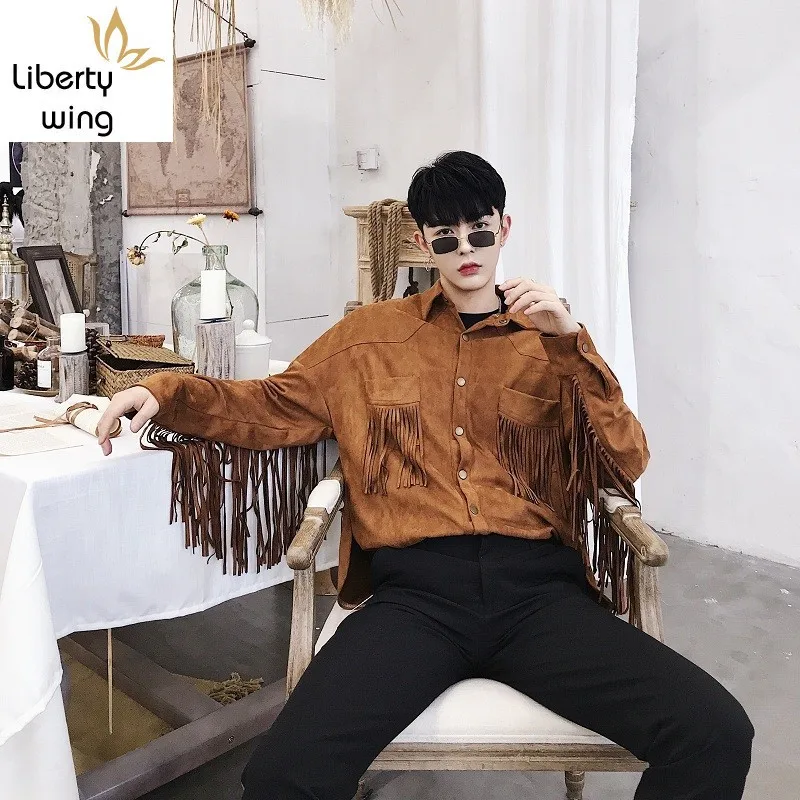 Мужская замшевая модная однобортная рубашка Harajuka с кисточками длинными рукавами