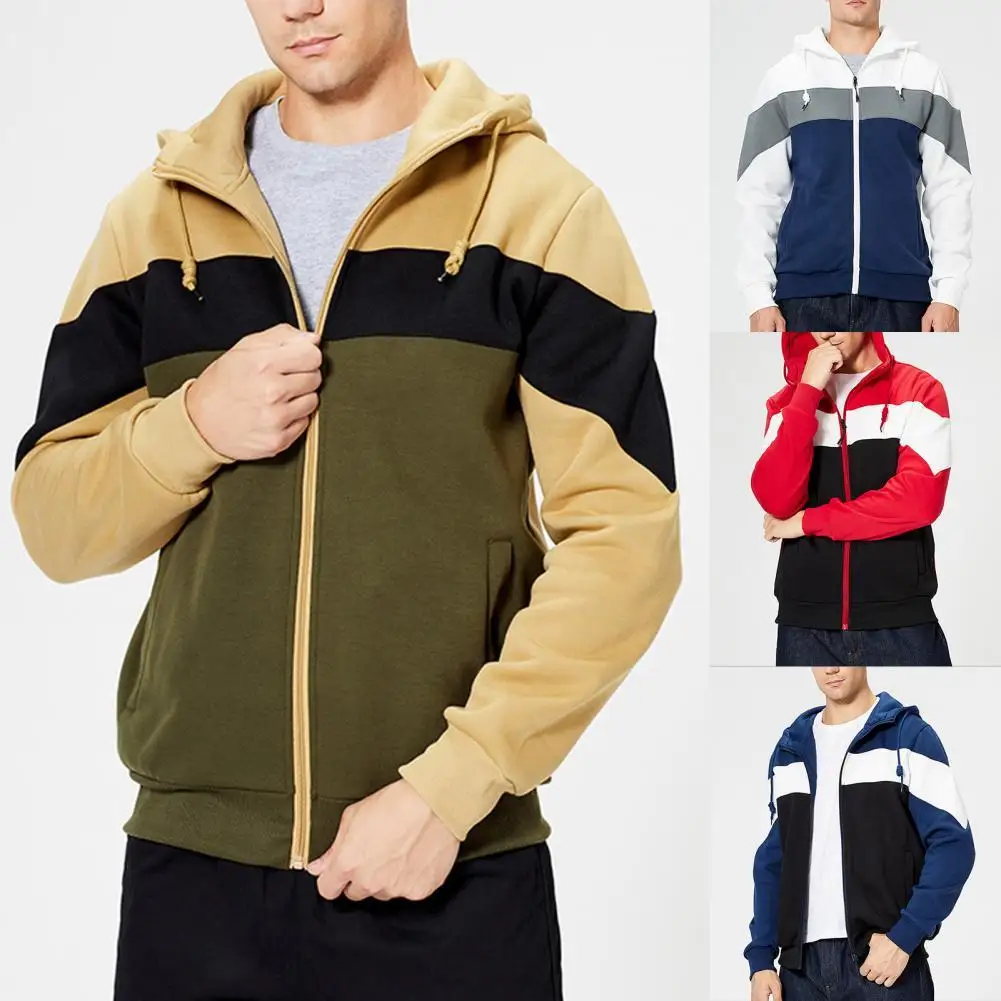 

Hot Sale Men Hoodie Color Block Zipper Autumn Winter Comfortable Hooded Drawstring Pockets Sweatshirt Male Clothes Fashion 2021