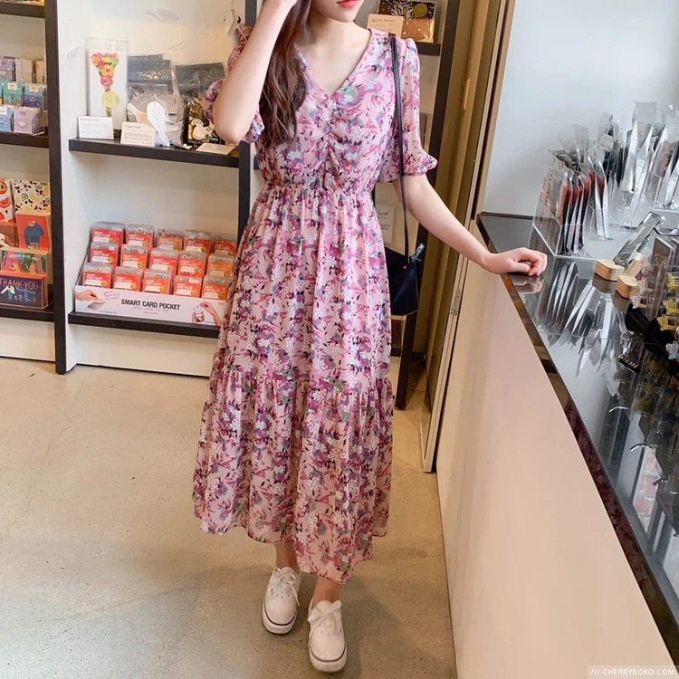 Шикарное платье трапециевидной формы с оборками женское летнее шифоновое v