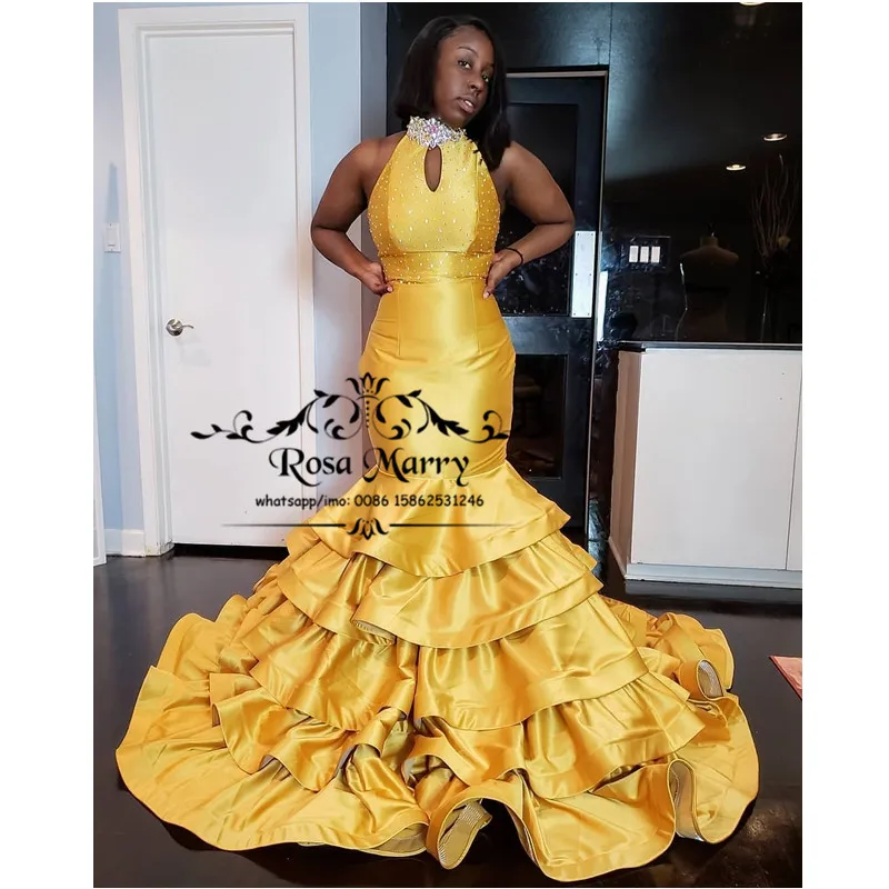 

Sexy Keyhole Neck Mermaid Pageant Prom Dresses 2K20 Halter Crystals Tiered Skirt Plus Size Black Girls 2020 Vestido De Fiesta